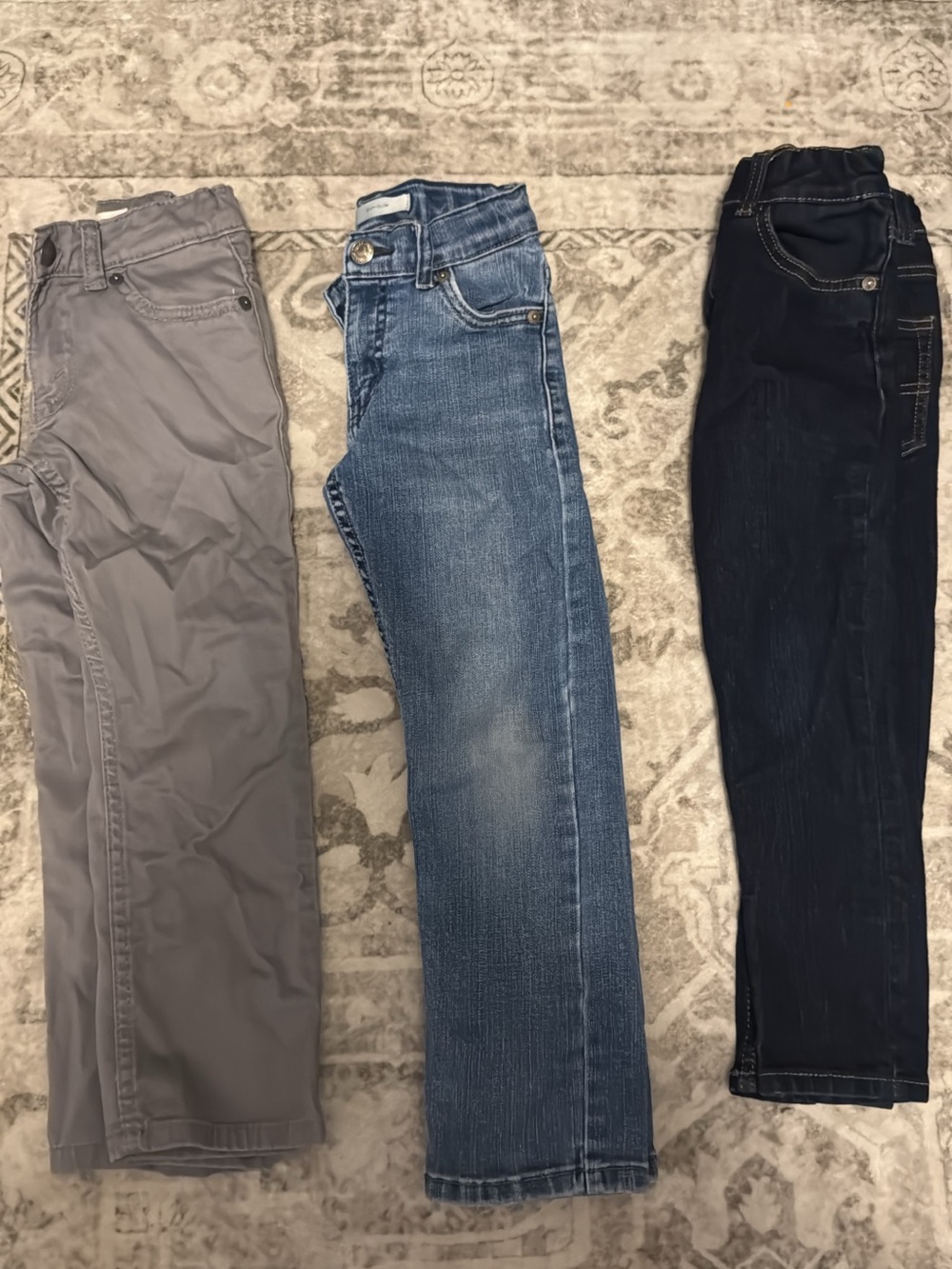 Three Kids Pants Set - Gray, Denim Blue, Dark Denim blue.